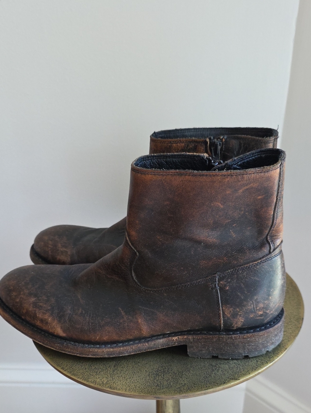 Frye BOWERY Men's Distressed Brown Leather Zip Ankle Boots